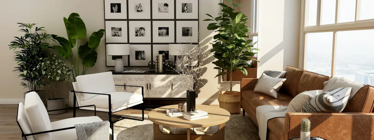 Salón con tonos cálidos y mobiliario de líneas sencillas