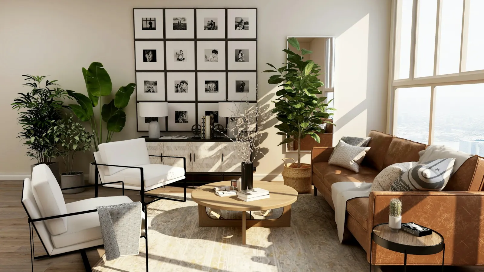 Salón con tonos cálidos y mobiliario de líneas sencillas