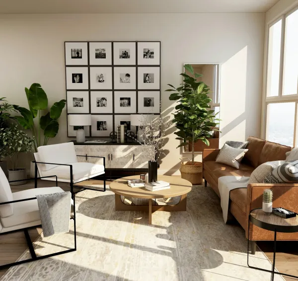 Salón con tonos cálidos y mobiliario de líneas sencillas